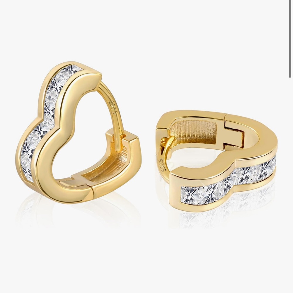 NEW 14K Gold Plated Gold Heart Hoop Earrings with Cubic Zirconia